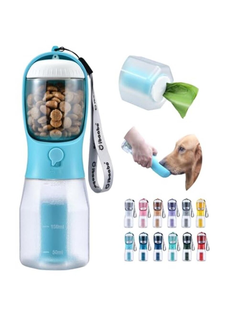 Dog Water Bottle with Food Container and Poop Bag Holder and Filter